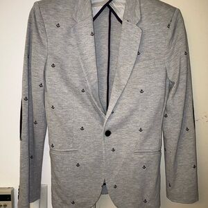Zara Collection Man Gray Anchor Print Fitted Blazer 100% Cotton New Size M